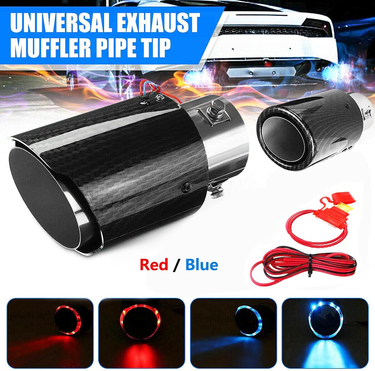 Blue Flame Led Exhaust Muffler Tip Carbon Fiber Car Tail Pipe Light 2.5 Inch Inlet 4 Inch Outlet - Straight Style Image 