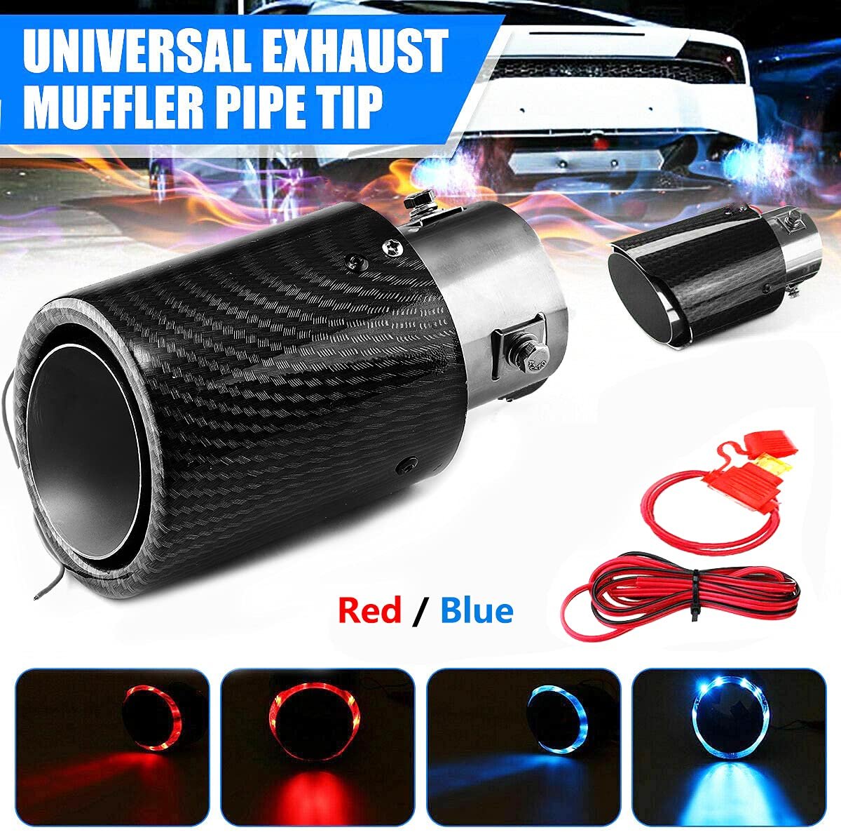 Blue Flame Led Exhaust Muffler Tip Carbon Fiber Car Tail Pipe Light 2.5 Inch Inlet 4 Inch Outlet - Rolled Style Image 