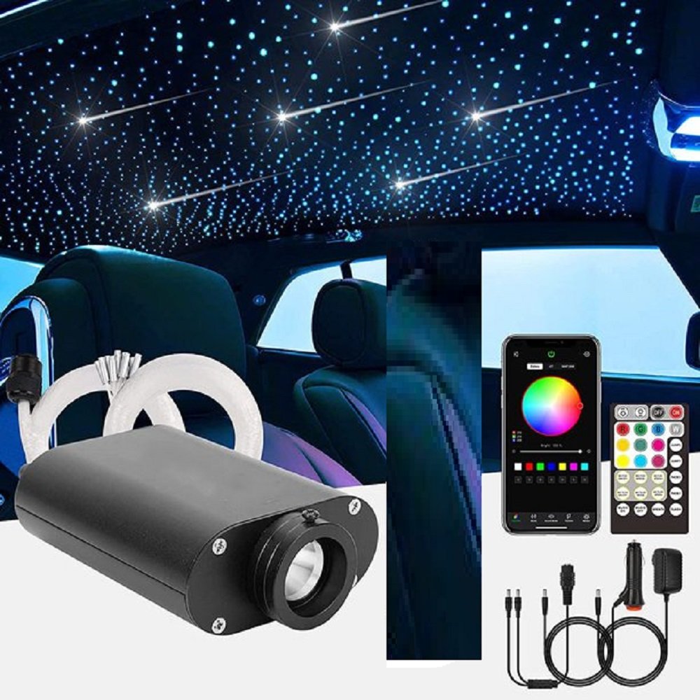 16W Engine Machine with 0.75mm 3 Meter PMMA Plastic End Glow Optical Fiber for Fiber Optic Shooting Star Ceiling Kit RGBW Light Musical Lighting for Car and Home - 380 Pieces (App+Remote) Image 