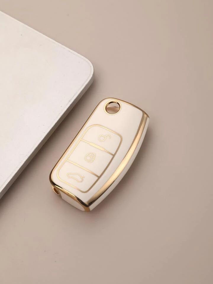 TPU Car Key Cover Compatible with Fiesta, Figo, Old Ecosport Flip Key (White/Gold) Image 