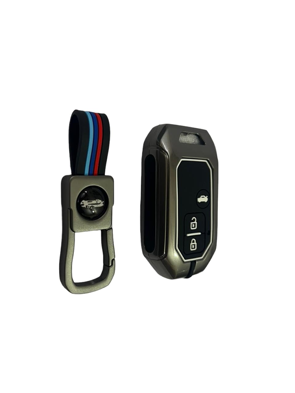 Metal Car Key Case Cover Compatible with Ertiga, Swift, Dzire, Baleno, Dzire, Ignis, XL6 3 Button Smart Key Premium Metal Alloy Keycase with Holder & Rope Chain Image 