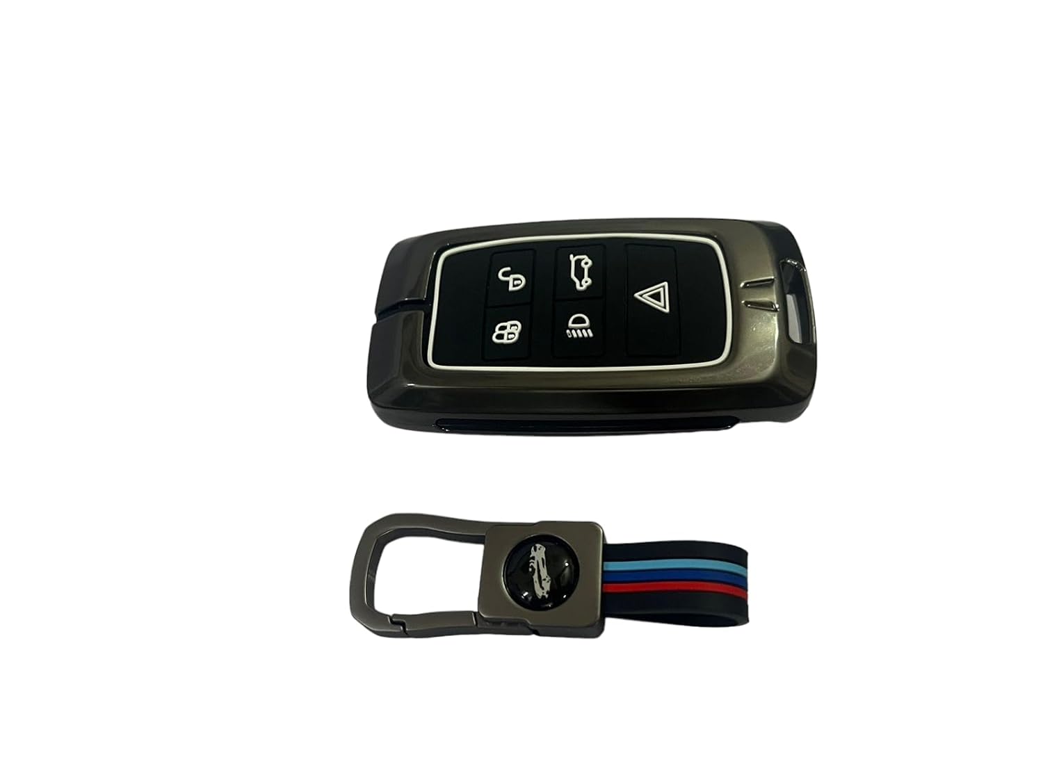 Metal Car Key Case Cover Compatible with Sport, Evoque, Velar, Discovery Defender 5 Button Smart Key Premium Metal Alloy Keycase with Holder & Rope Chain Image 