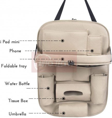 CARMATE Universal PU Leather Auto Car Seat Back Organizer with Foldable Dining Table Tray, Multipocket Storage Tablet, Bottle and Tissue Paper Holder (Beige) Image 