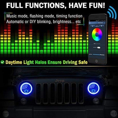 7 inch LED RGB Bullet Thar Headlight, 7' Round DRL Headlamp Flashing Angel Eye Halo Ring Bluetooth Controlled for Jeep Wrangler Bullet Royal Enfield Thar, Set of 2 Image 