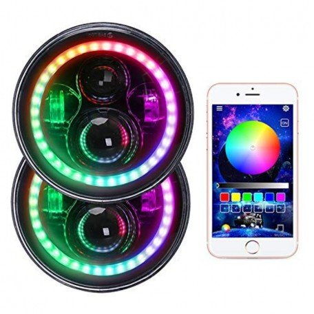 7 inch LED RGB Bullet Thar Headlight, 7' Round DRL Headlamp Flashing Angel Eye Halo Ring Bluetooth Controlled for Jeep Wrangler Bullet Royal Enfield Thar, Set of 2 Image 